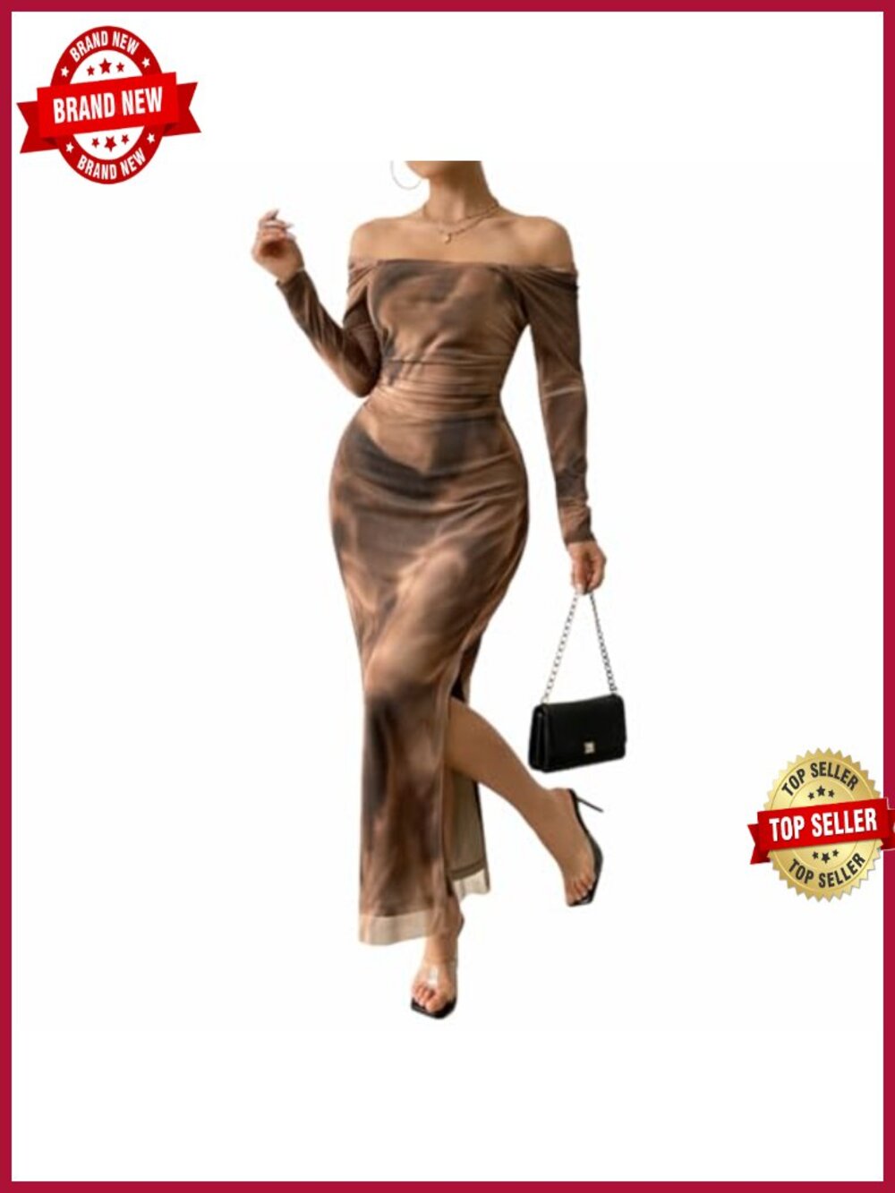 Off Shoulder Maxi Dress Long Sleeve Ruched Bodycon Mesh Cocktail Party